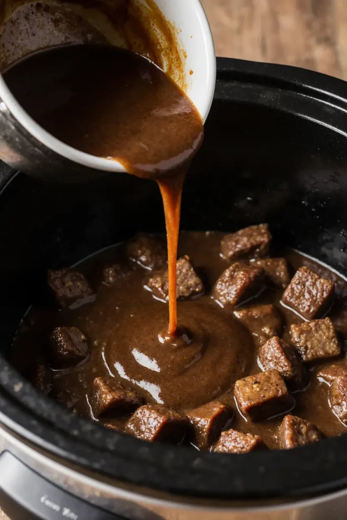 cube steak and gravy being poured into crock pot