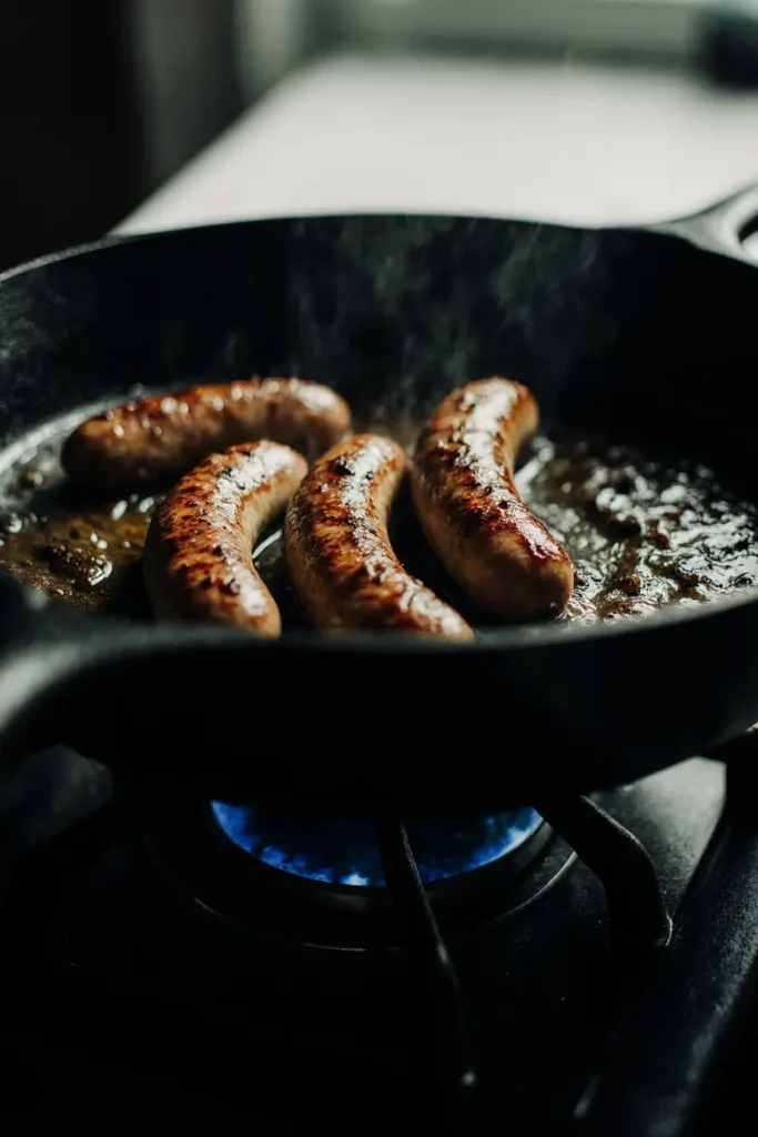 Beef pan sausage cooking in skillet