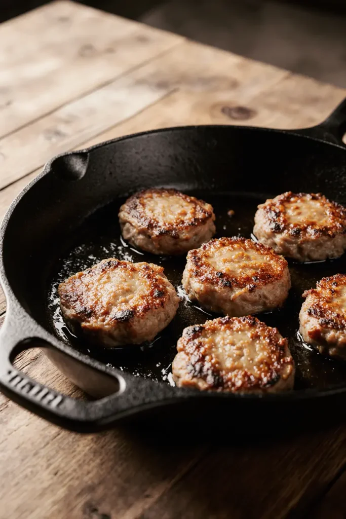 Beef sausage cooked in a skillet with golden crust