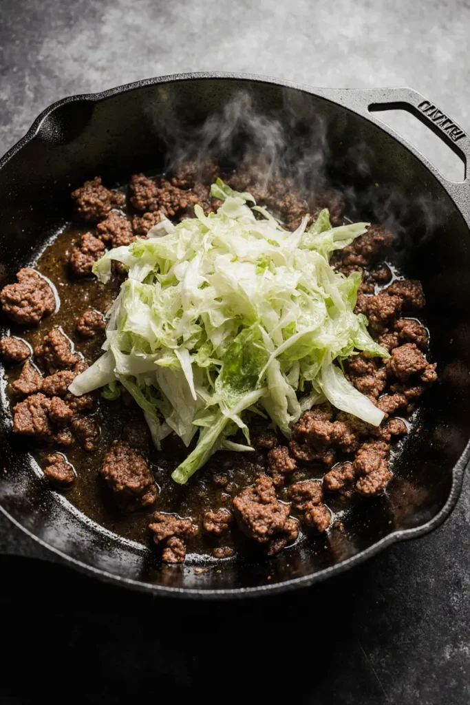 Beef and cabbage recipe cooking in skillet