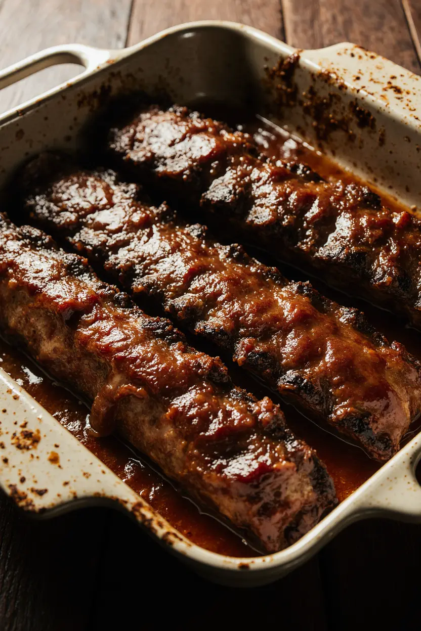 Boneless beef ribs in oven baked until tender and glazed