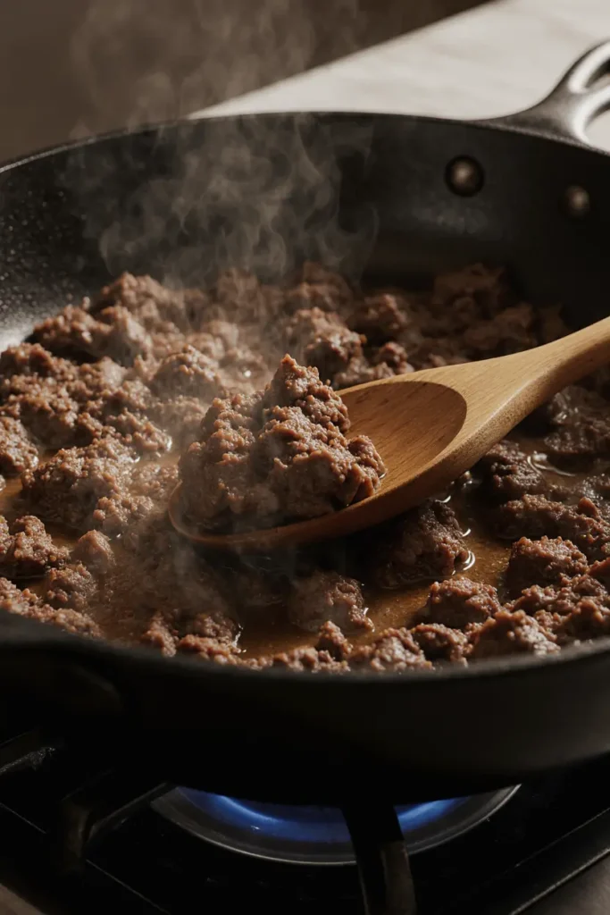 healthy recipe with ground beef browning evenly in a wide pan