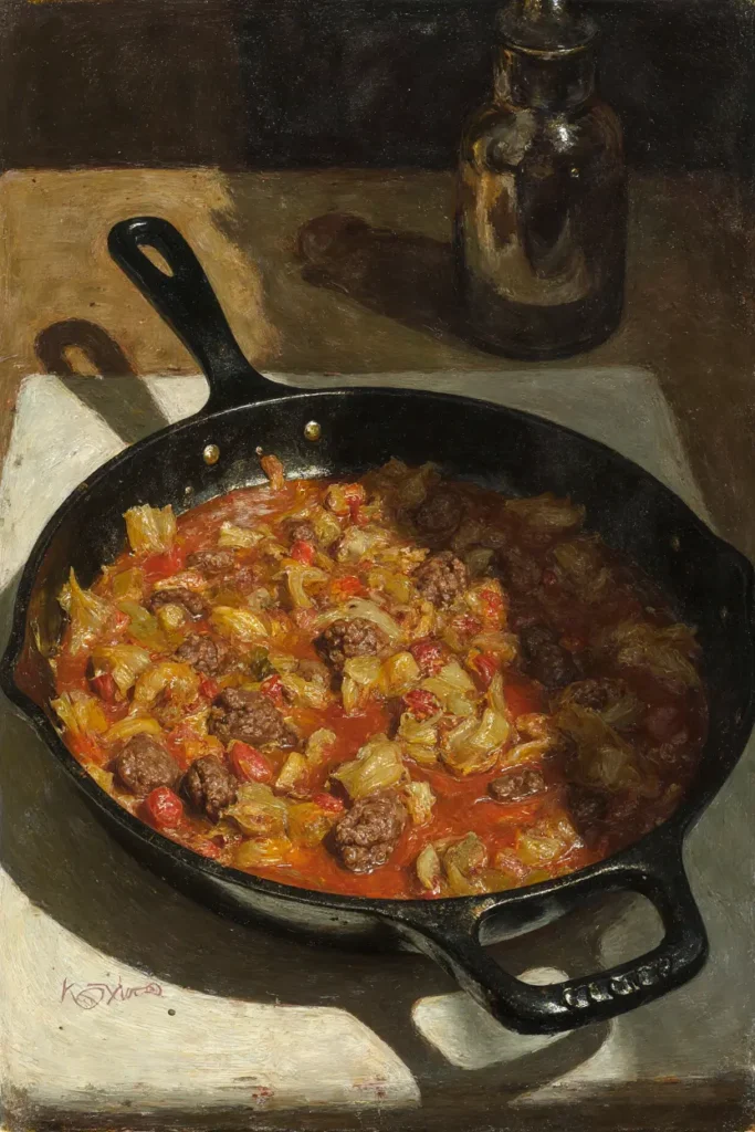 Cabbage ground beef casserole in skillet