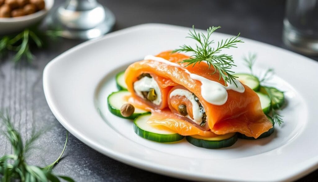 Chatelaine smoked salmon roll on cucumber garnishing Chatelaine smoked salmon roll on cucumber garnishing