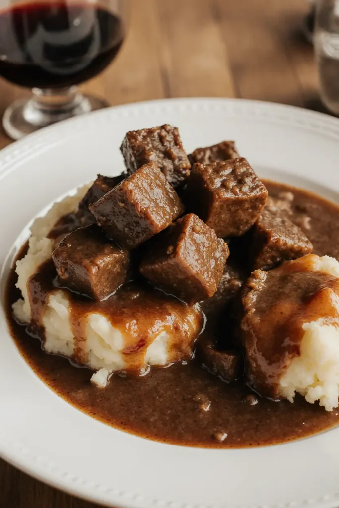 Crock pot cube steak and gravy served with mashed potatoes
