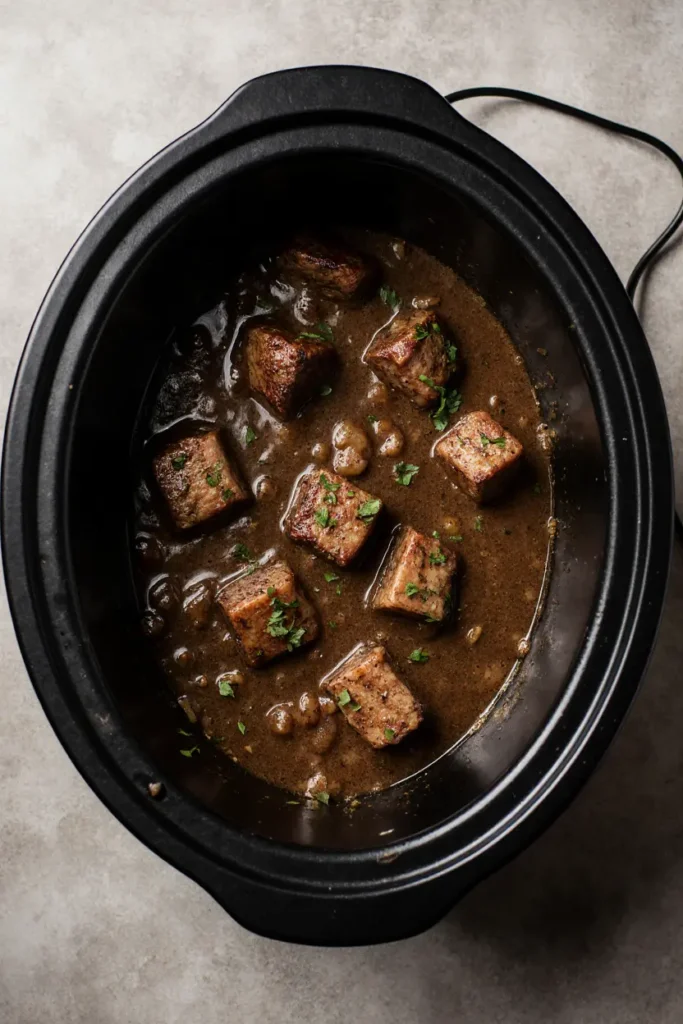 cubed steak and gravy cooking slowly