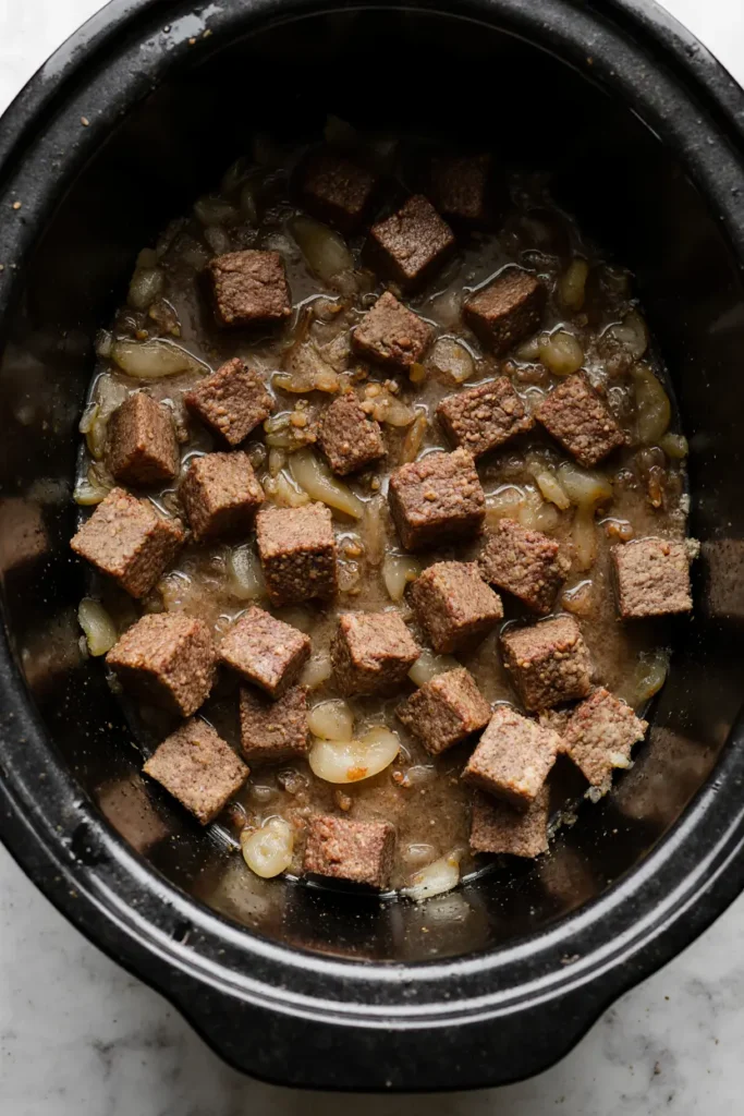slow cooker cube steak layered with onions
