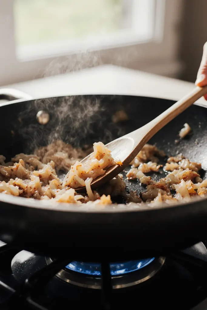 ground beef recipes healthy start with onions and garlic in a skillet
