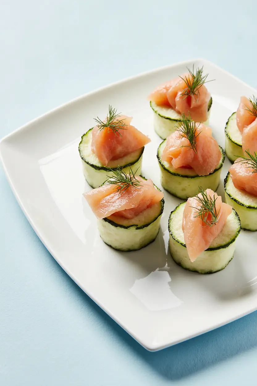 chatelaine smoked salmon roll on cucumber recipe plated appetizer