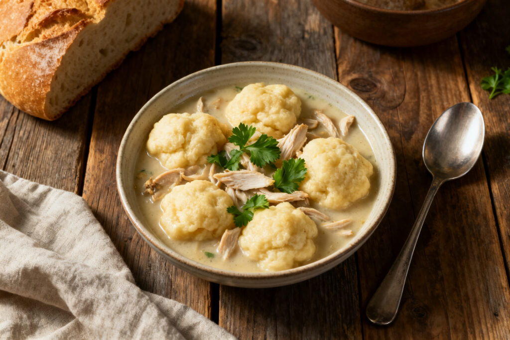 A cozy bowl of chicken and dumplings garnished with parsley