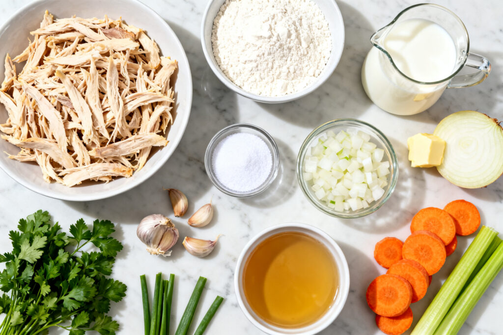 Ingredients for chicken and dumplings: chicken, flour, milk, butter, broth and vegetables