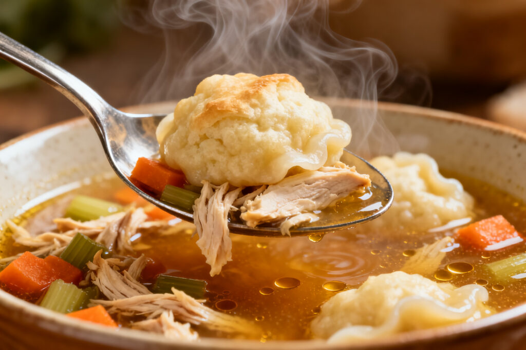 A spoon lifting a fluffy dumpling and creamy chicken from a bowl