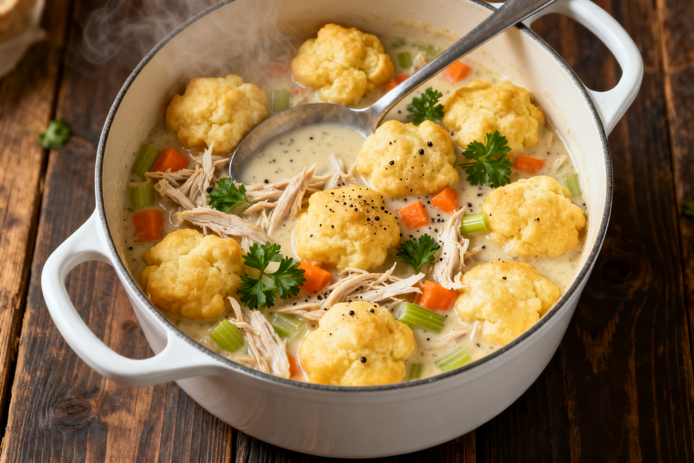 Homemade chicken and dumplings with fluffy dumplings in a creamy broth in a Dutch oven