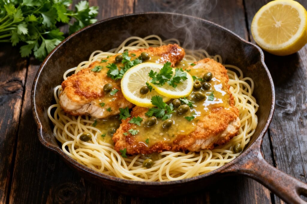 Golden chicken piccata cutlets in a lemon-butter-caper sauce over angel hair pasta