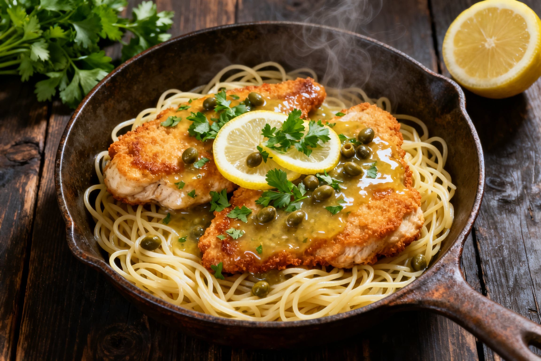 Golden chicken piccata cutlets in a lemon-butter-caper sauce over angel hair pasta