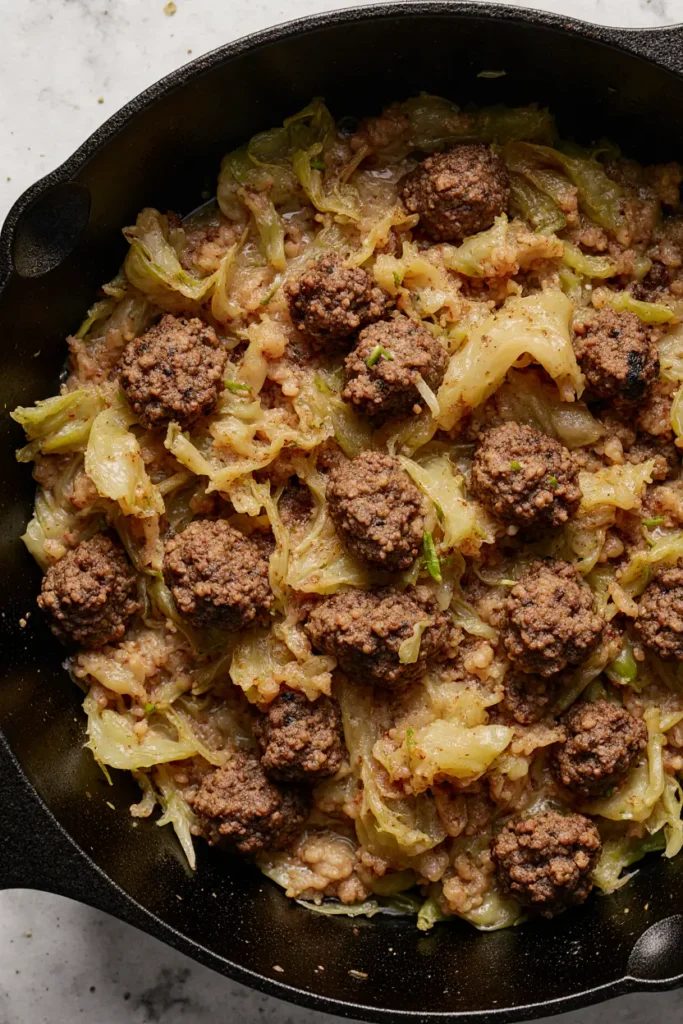 Homemade hamburger cabbage recipe served in a skillet with ground beef and tender sliced cabbage