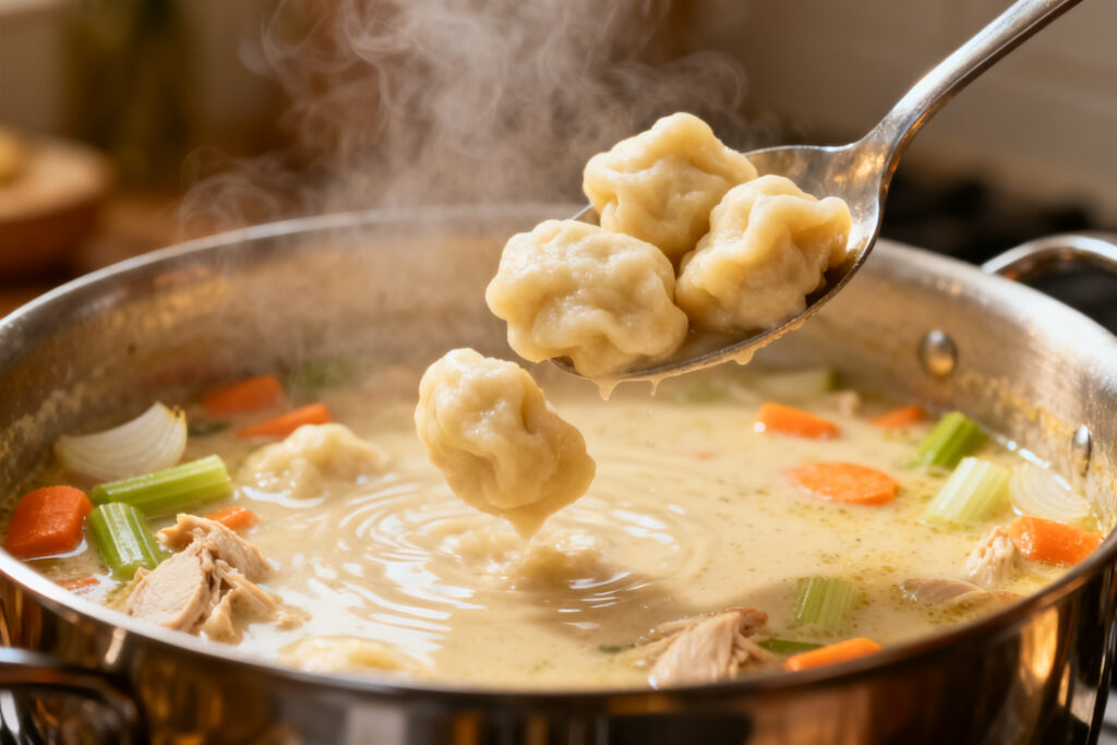Dropping spoonfuls of dumpling dough onto simmering chicken broth