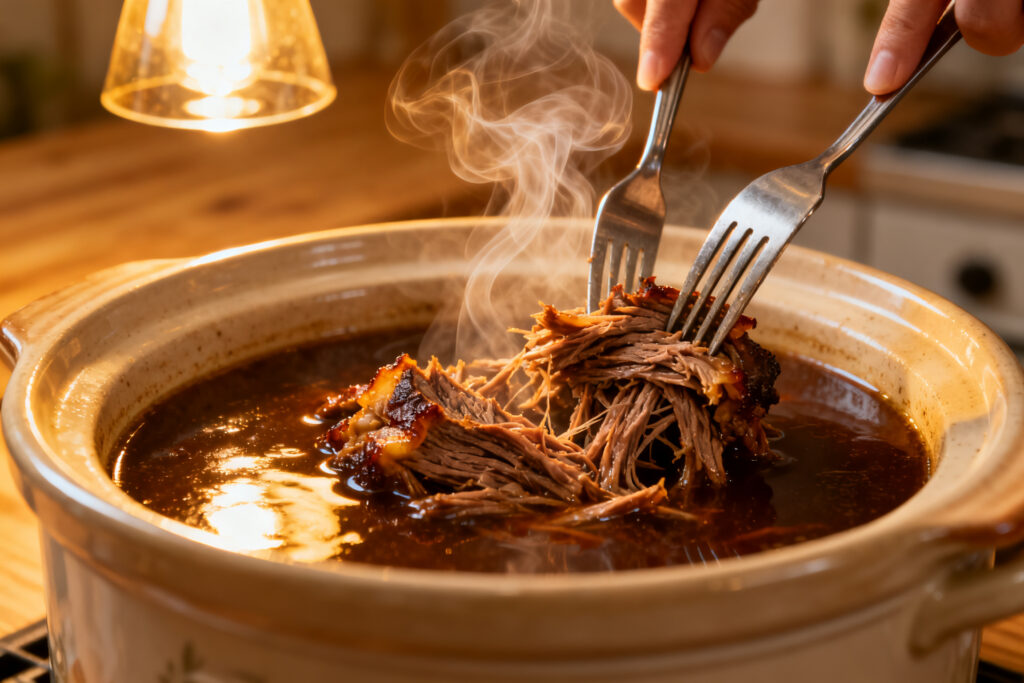 Shredded slow-cooked beef in au jus being pulled apart with forks