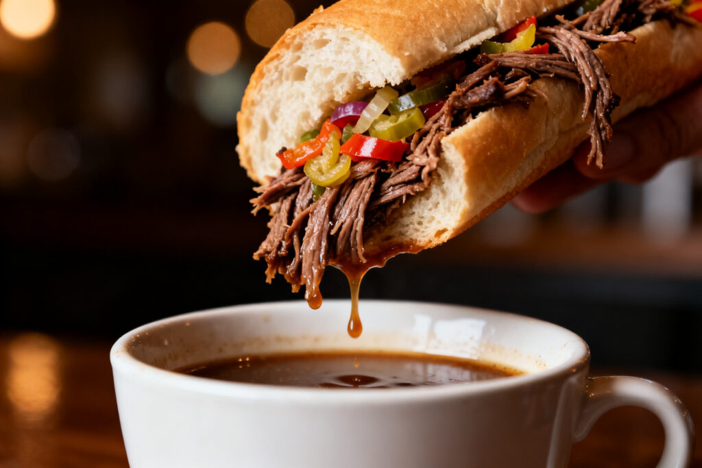 An Italian beef sandwich being dipped into a cup of au jus