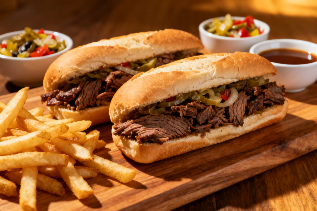 Two Italian beef sandwiches served with fries, giardiniera and au jus