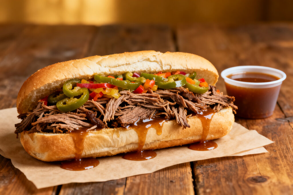 Chicago-style Portillo's Italian beef sandwich with peppers and giardiniera, dripping au jus