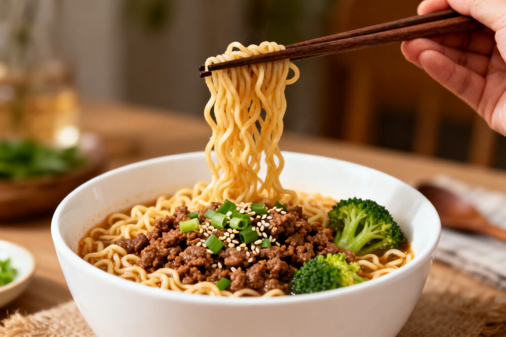 A bowl of beef ramen noodles lifted with chopsticks, topped with green onions