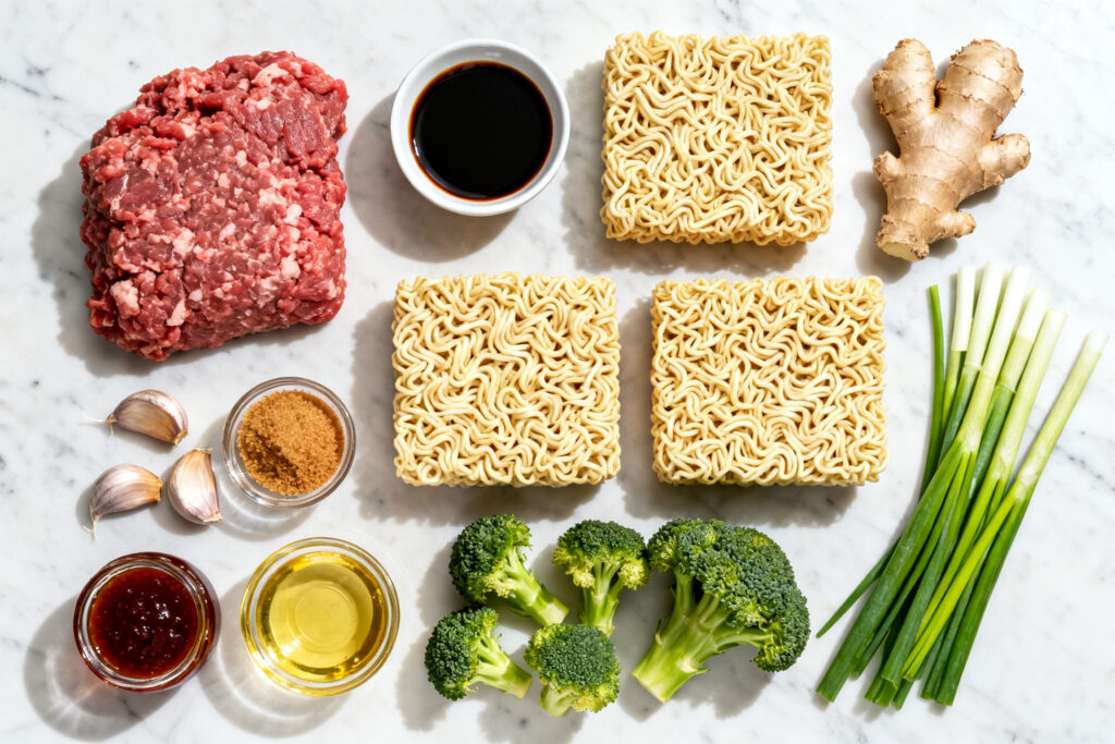 Ingredients for beef ramen noodles: ground beef, ramen, soy sauce, garlic, ginger and broccoli