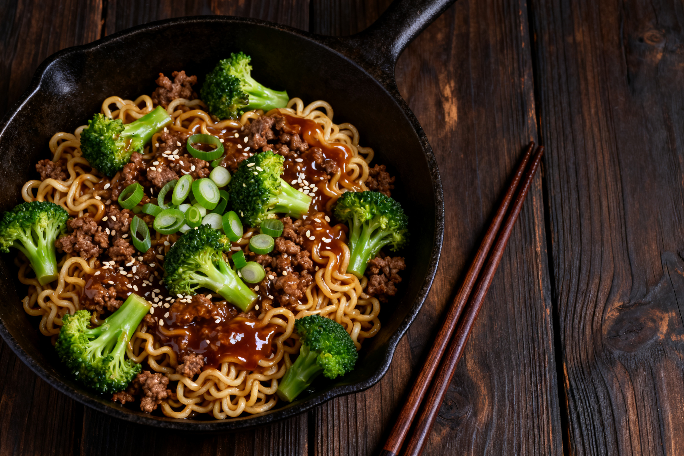 Beef ramen noodles stir fry with ground beef, broccoli and sesame seeds in a skillet