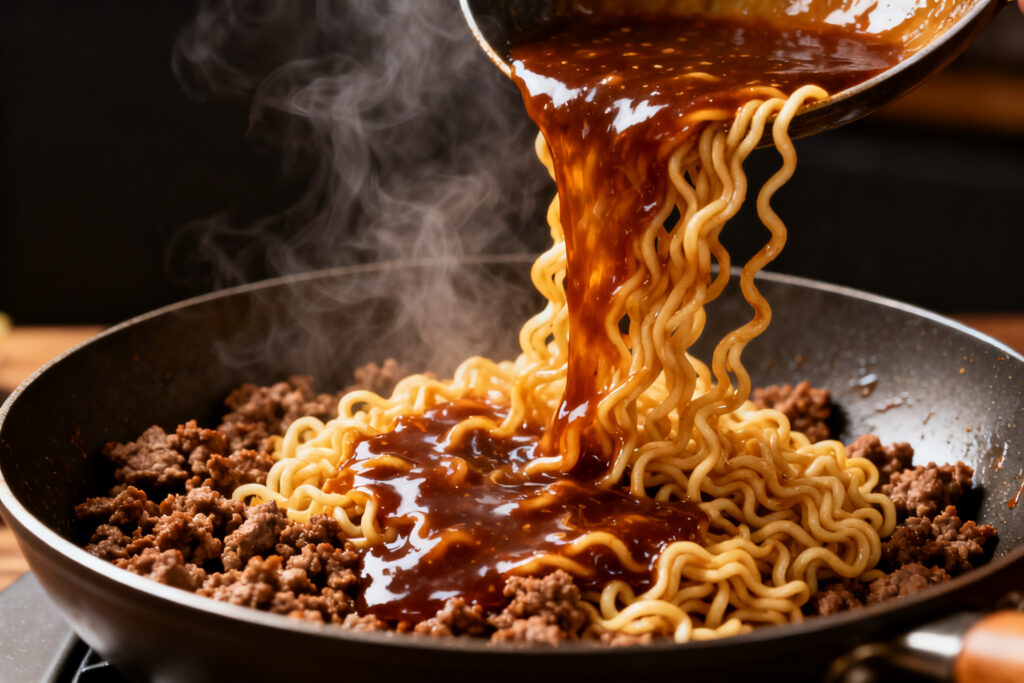 Sweet-savory sauce being poured over ramen noodles and beef in a skillet