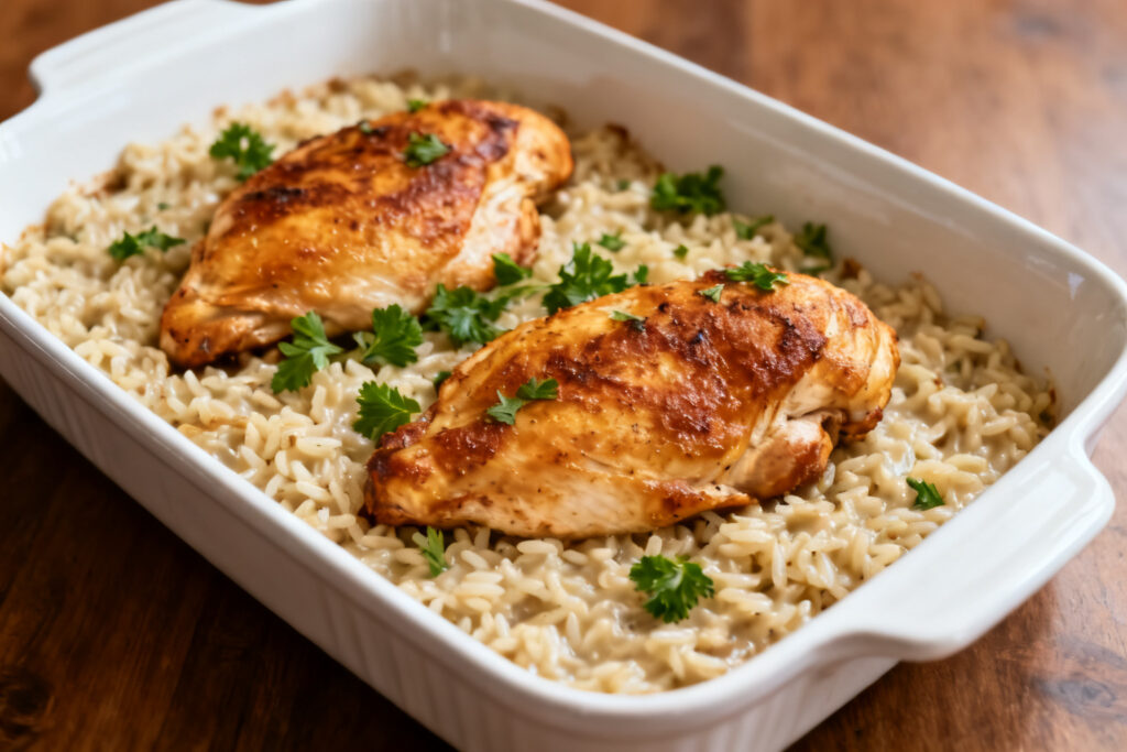 Baked forgotten chicken recipe in a casserole dish over creamy rice