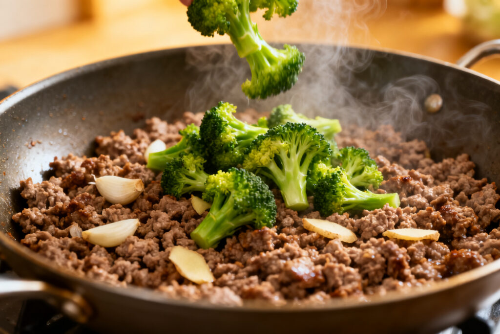 Ground beef browning in a skillet with garlic, ginger and broccoli