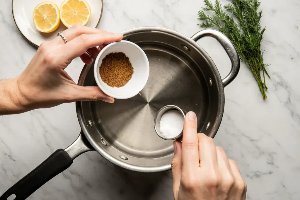 Adding salt and sugar to water for salmon brine preparation