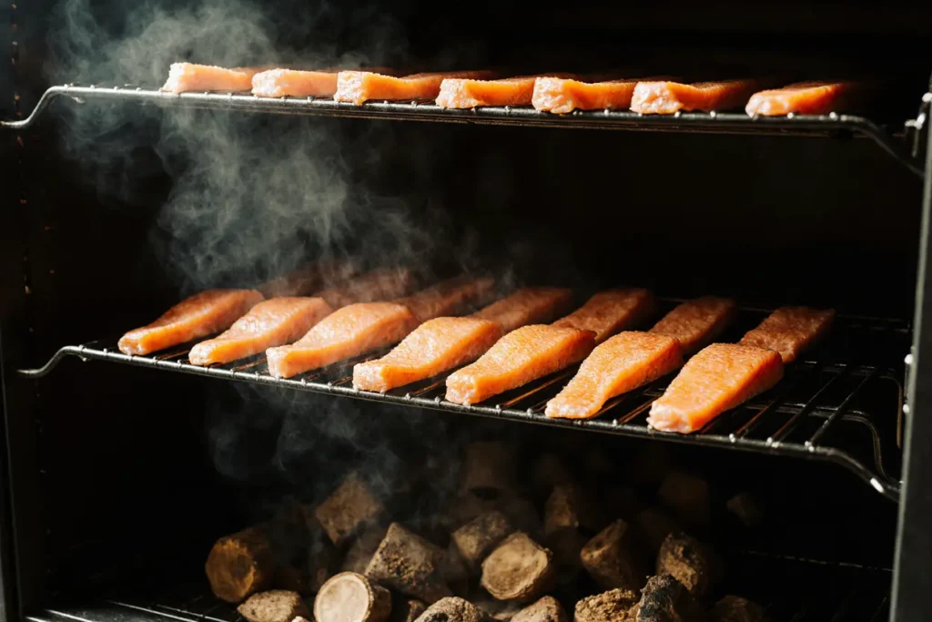 Brined salmon fillets forming pellicle in smoker before cooking