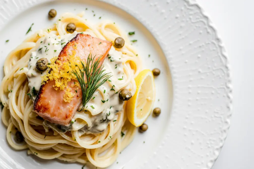 Creamy smoked salmon pasta garnished with dill and lemon zest