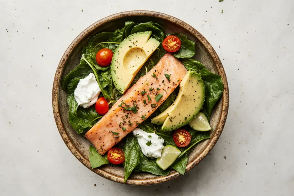 Fresh smoked salmon salad with avocado, cucumber, and lemon dressing