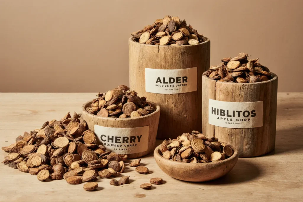 Selection of alder, apple, cherry, and hickory wood chips for smoking salmon