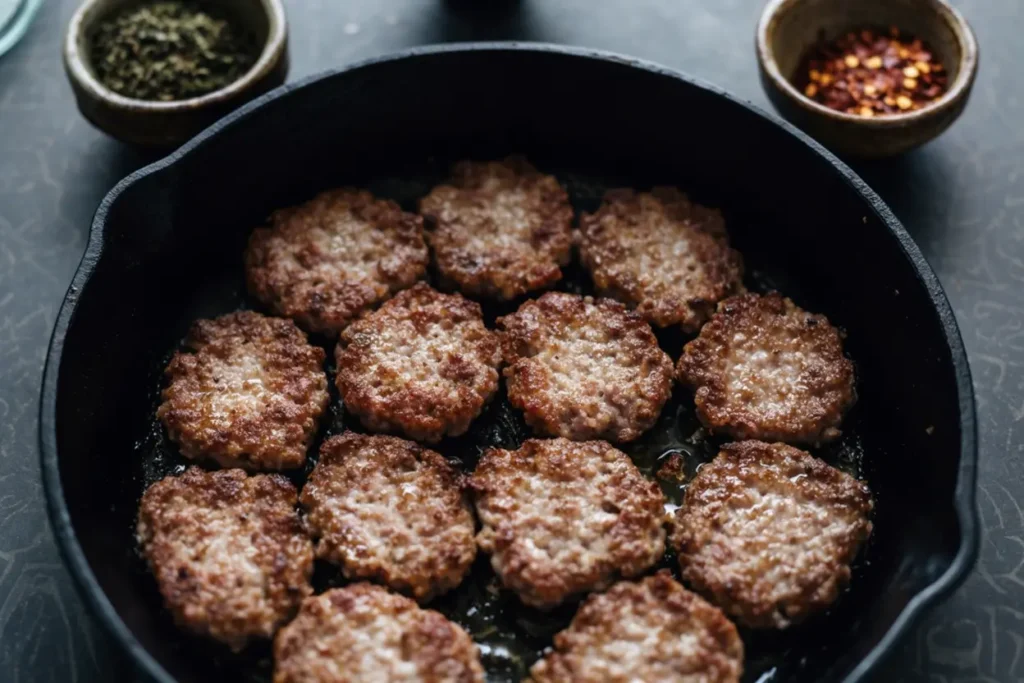 Homemade beef sausage patties browned in a cast iron skillet