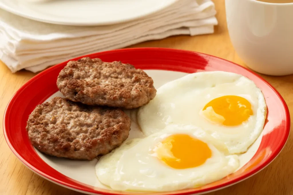 Cooked beef sausage patties served with fried eggs for breakfast