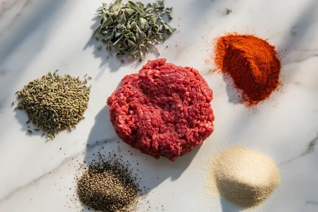 Ground beef with sausage seasonings including sage, paprika, garlic, and pepper