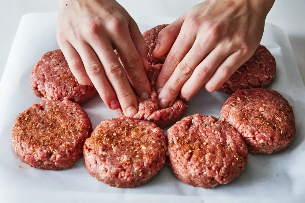 Hands shaping seasoned beef into sausage patties
