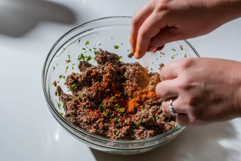 Sausage spices being mixed into ground beef in a bowl