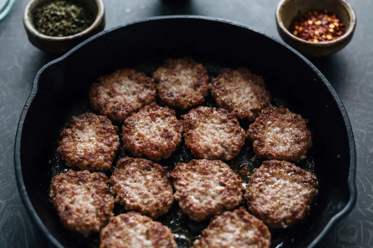 Homemade beef sausage patties browned in a cast iron skillet