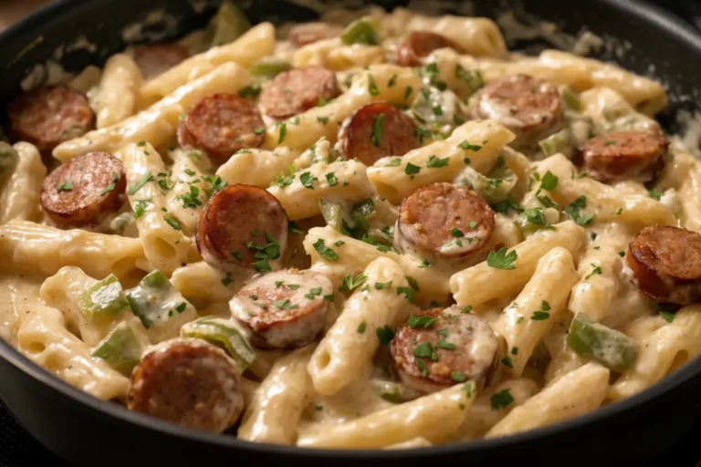 Creamy Cajun beef smoked sausage pasta in a skillet