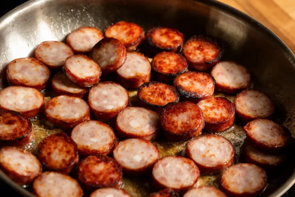 Sliced beef smoked sausage coins browning in a skillet