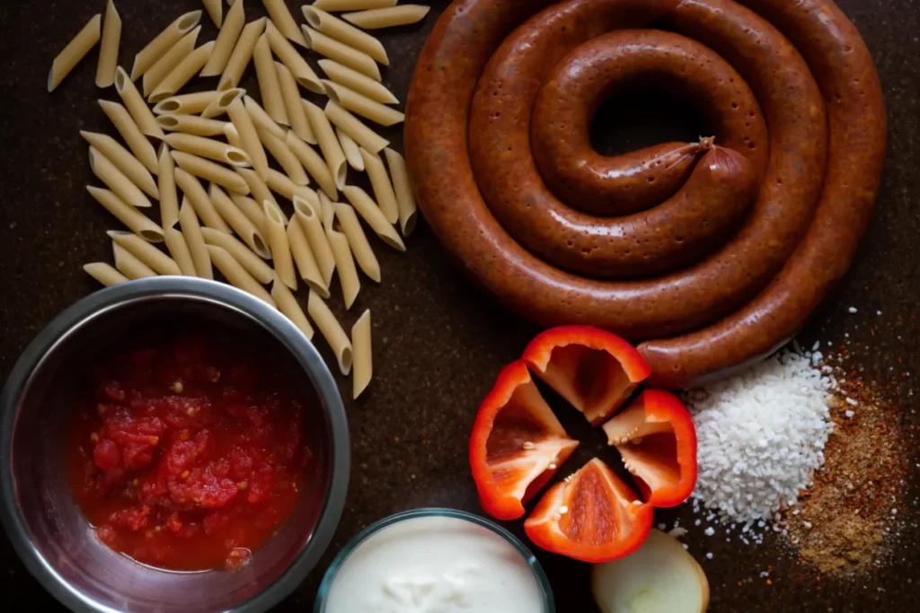 Ingredients for beef smoked sausage pasta including sausage, pasta, Cajun seasoning, peppers, tomatoes, and cream