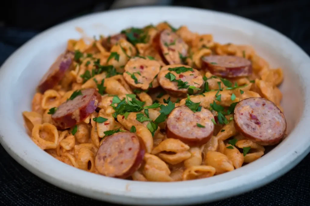 A bowl of creamy Cajun smoked sausage pasta garnished with parsley