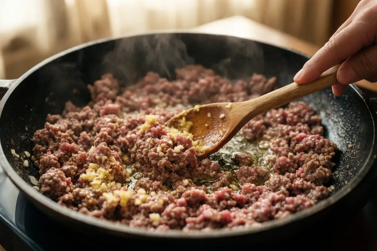 Browning ground beef with garlic and ginger in a skillet