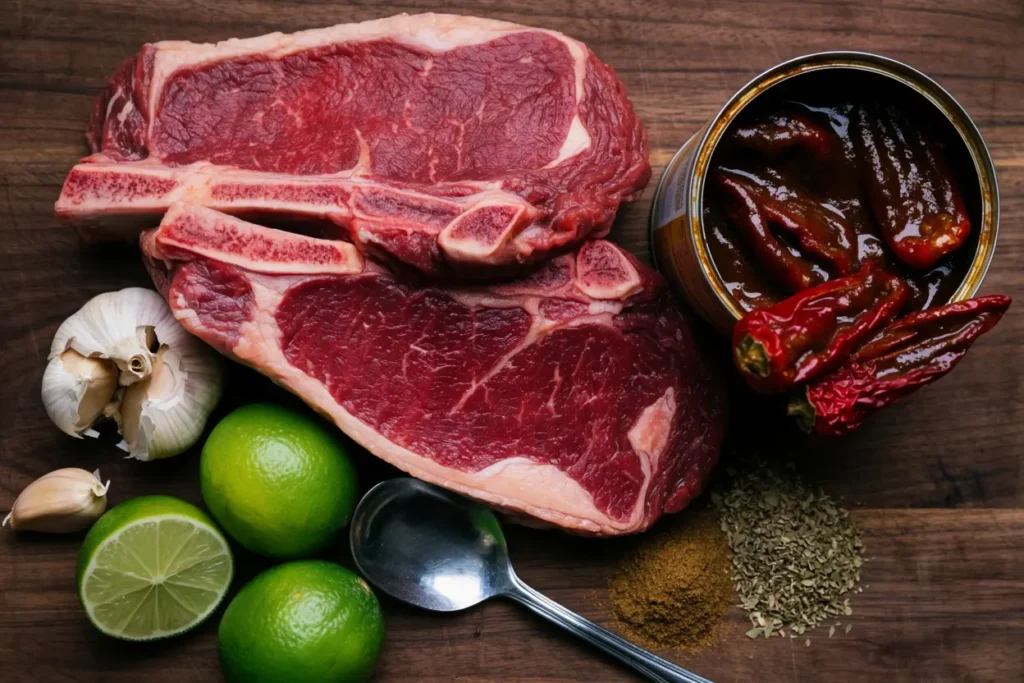Ingredients for chipotle steak including sirloin, chipotle in adobo, lime, garlic, and cumin