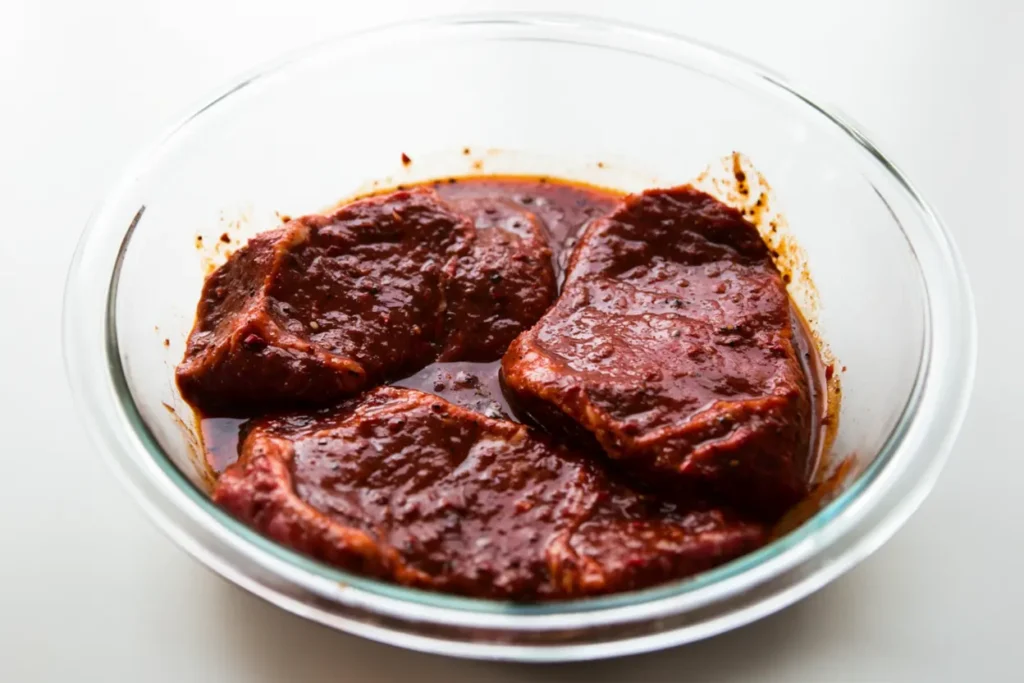 Steak coated in smoky chipotle adobo marinade in a bowl