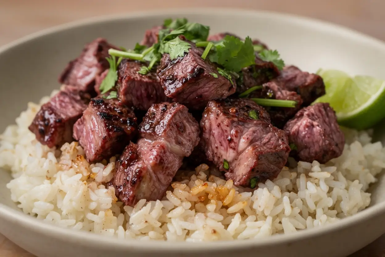 Copycat chipotle steak chopped and served in a bowl over rice